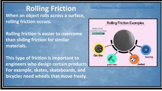 Rolling Friction
When an object rolls across a surface,
rolling friction occurs.
Rolling friction is easier to overcome
than sliding friction for similar
materials.
This type of friction is important to
engineers who design certain products.
For example, skates, skateboards, and
bicycles need wheels that move freely.
https://www.youtube.com/watch?v=HRe90ySP38U
 
