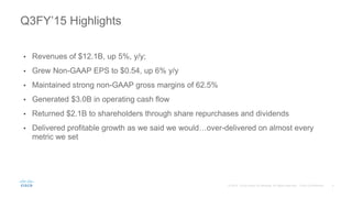 • Revenues of $12.1B, up 5%, y/y;
• Grew Non-GAAP EPS to $0.54, up 6% y/y
• Maintained strong non-GAAP gross margins of 62.5%
• Generated $3.0B in operating cash flow
• Returned $2.1B to shareholders through share repurchases and dividends
• Delivered profitable growth as we said we would…over-delivered on almost every
metric we set
Q3FY’15 Highlights
 