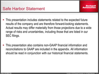 Copyright © 2016 Rockwell Automation, Inc. All Rights Reserved.PUBLIC INFORMATION
Safe Harbor Statement
 This presentation includes statements related to the expected future
results of the company and are therefore forward-looking statements.
Actual results may differ materially from those projections due to a wide
range of risks and uncertainties, including those that are listed in our
SEC filings.
 This presentation also contains non-GAAP financial information and
reconciliations to GAAP are included in the appendix. All information
should be read in conjunction with our historical financial statements.
2
 
