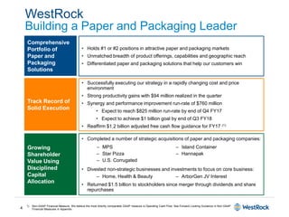 4
WestRock
Building a Paper and Packaging Leader
1) Non-GAAP Financial Measure. We believe the most directly comparable GAAP measure is Operating Cash Flow. See Forward Looking Guidance in Non GAAP
Financial Measures in Appendix
Comprehensive
Portfolio of
Paper and
Packaging
Solutions
• Holds #1 or #2 positions in attractive paper and packaging markets
• Unmatched breadth of product offerings, capabilities and geographic reach
• Differentiated paper and packaging solutions that help our customers win
Track Record of
Solid Execution
• Successfully executing our strategy in a rapidly changing cost and price
environment
• Strong productivity gains with $94 million realized in the quarter
• Synergy and performance improvement run-rate of $760 million
• Expect to reach $825 million run-rate by end of Q4 FY17
• Expect to achieve $1 billion goal by end of Q3 FY18
• Reaffirm $1.2 billion adjusted free cash flow guidance for FY17 (1)
Growing
Shareholder
Value Using
Disciplined
Capital
Allocation
• Completed a number of strategic acquisitions of paper and packaging companies:
• Divested non-strategic businesses and investments to focus on core business:
• Returned $1.5 billion to stockholders since merger through dividends and share
repurchases
‒ Home, Health & Beauty ‒ ArborGen JV Interest
‒ MPS
‒ Star Pizza
‒ U.S. Corrugated
‒ Island Container
‒ Hannapak
 
