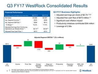 6
Q3 FY17 WestRock Consolidated Results
1) Non-GAAP Financial Measure. See Non-GAAP Financial Measures and Reconciliations in Appendix.
2) On a GAAP basis, adjusted earnings from continuing operations per diluted share was $1.29 in Q3 FY17 and $0.59 in Q3 FY16. See Non-GAAP Financial
Measures and Reconciliations in Appendix.
Q3 FY17 Business Highlights:
• Adjusted earnings per share of $0.74 (1)(2)
• Adjusted free cash flow of $473 million (1)
• Significant cost inflation impact
• Productivity initiatives contributed $94 million
• Leverage of 2.58x
Financial Performance
($ in millions, except percentages and per share items) Q3 FY17 Q3 FY16
Net Sales $3,696 $3,597
Adj. Segment Income (1) $333 $356
Adj. Segment EBITDA (1) $598 $610
% Margin(1) 16.2% 17.0%
Adjusted Earnings from Continuing
Operations per Diluted Share (1) $0.74 $0.69
Adjusted Free Cash Flow (1) $473 $373
Adjusted Segment EBITDA (1) ($ in millions)
$610 ​
93
​
94
6 $598
(22)
(123)
(30)
(30)
Q3
FY16
Volume Price / Mix Energy/
Materials/
Freight
Wage and
Other Inflation
Productivity Disposition
of HH&B
MPS, L&D
& Other
Q3
FY17
(2) (2)
 