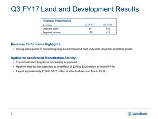 9
Business Performance Highlights:
• Strong sales quarter in monetizing large East Edisto land tract, industrial properties and other assets
Update on Accelerated Monetization Activity:
• The monetization program is proceeding as planned
• Reaffirm after-tax free cash flow to WestRock of $275 to $300 million by end of FY18
• Expect approximately $150 to $175 million of after-tax free cash flow in FY17
Q3 FY17 Land and Development Results
Financial Performance
($ in millions) Q3 FY17 Q3 FY16
Segment Sales $71 $42
Segment Income $0 $10
 