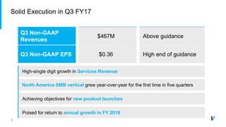 4
Solid Execution in Q3 FY17
Q3 Non-GAAP
Revenues
$467M Above guidance
Q3 Non-GAAP EPS $0.36 High end of guidance
High-single digit growth in Services Revenue
North America SMB vertical grew year-over-year for the first time in five quarters
Achieving objectives for new product launches
Poised for return to annual growth in FY 2018
 