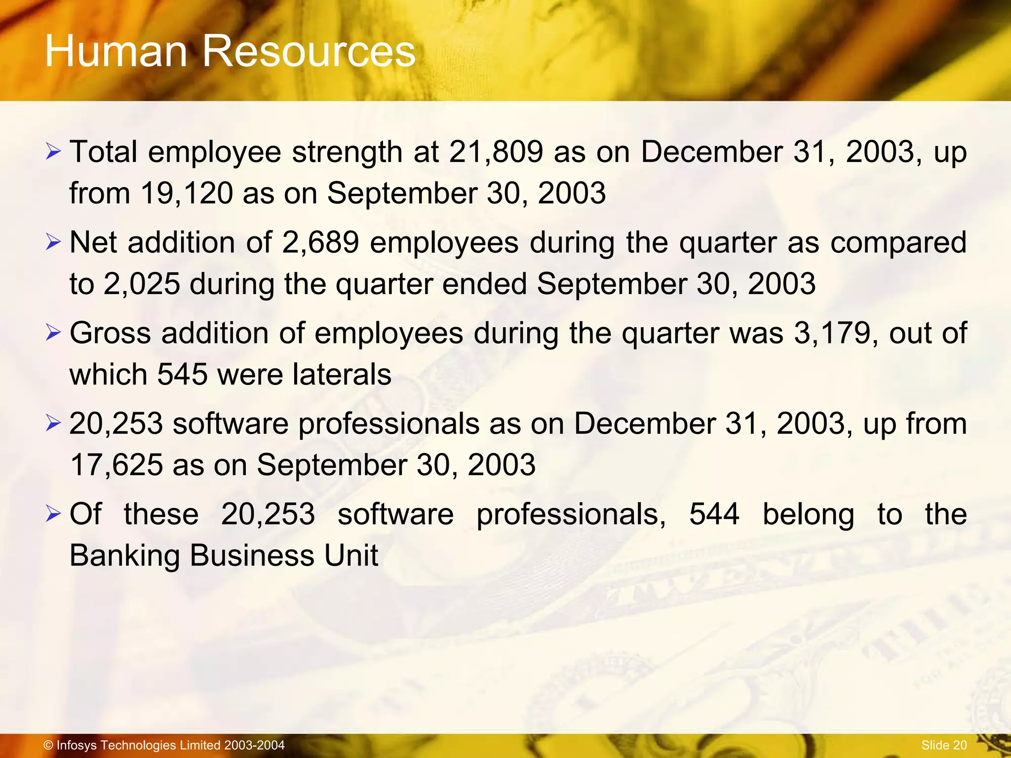 Human Resources Total employee strength at 21,809 as on December 31, 2003, up from 19,120 as on September 30, 2003 Net addition of 2,689 employees during the quarter as compared to 2,025 during the quarter ended September 30, 2003 Gross addition of employees during the quarter was 3,179, out of which 545 were laterals 20,253 software professionals as on December 31, 2003, up from 17,625 as on September 30, 2003 Of these 20,253 software professionals, 544 belong to the Banking Business Unit 