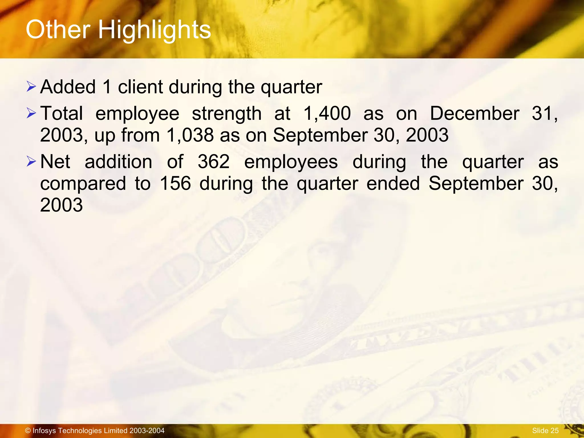 Other Highlights Added 1 client during the quarter Total employee strength at 1,400 as on December 31, 2003, up from 1,038 as on September 30, 2003 Net addition of 362 employees during the quarter as compared to 156 during the quarter ended September 30, 2003 