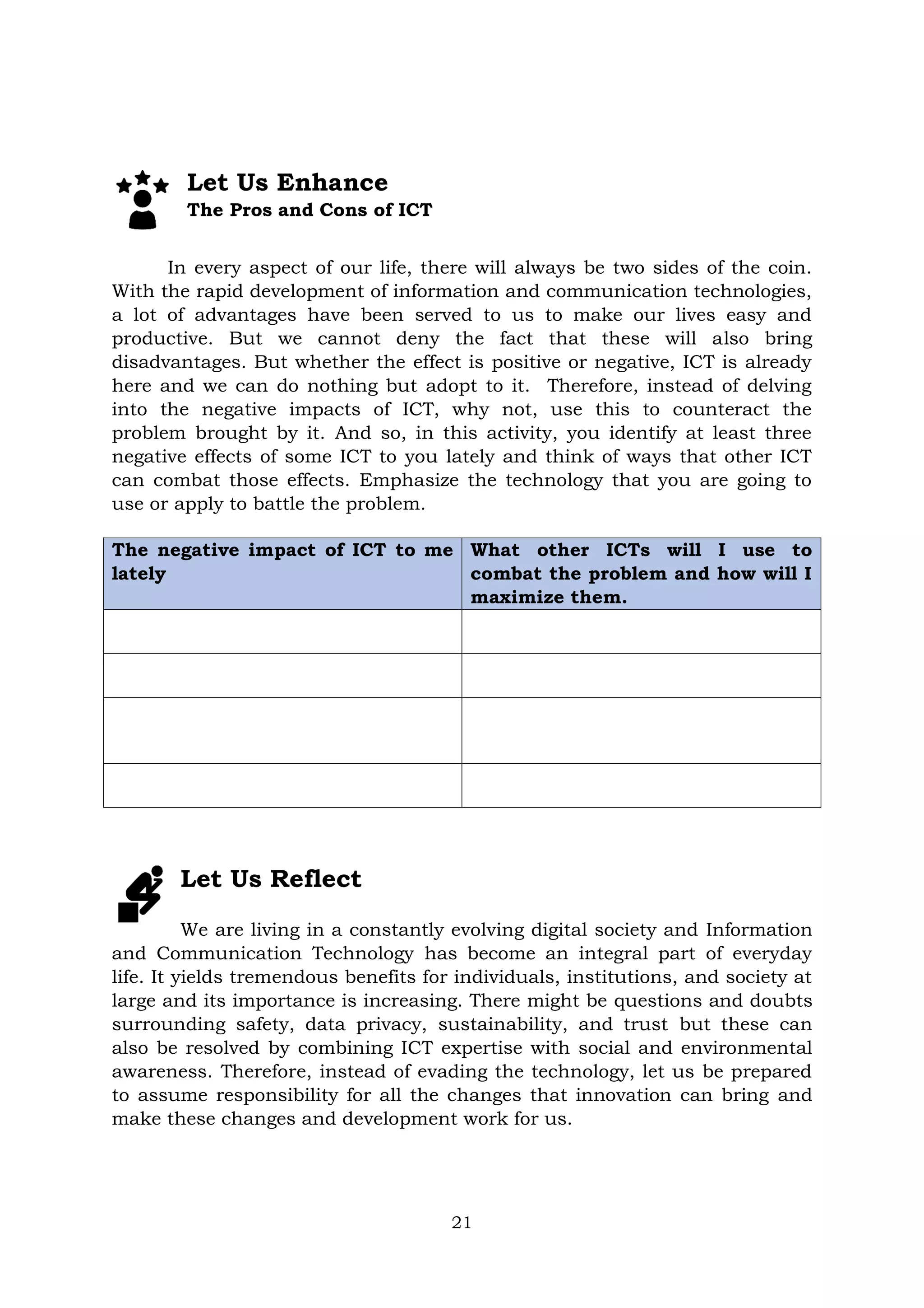 21
Let Us Enhance
The Pros and Cons of ICT
In every aspect of our life, there will always be two sides of the coin.
With the rapid development of information and communication technologies,
a lot of advantages have been served to us to make our lives easy and
productive. But we cannot deny the fact that these will also bring
disadvantages. But whether the effect is positive or negative, ICT is already
here and we can do nothing but adopt to it. Therefore, instead of delving
into the negative impacts of ICT, why not, use this to counteract the
problem brought by it. And so, in this activity, you identify at least three
negative effects of some ICT to you lately and think of ways that other ICT
can combat those effects. Emphasize the technology that you are going to
use or apply to battle the problem.
The negative impact of ICT to me
lately
What other ICTs will I use to
combat the problem and how will I
maximize them.
Let Us Reflect
We are living in a constantly evolving digital society and Information
and Communication Technology has become an integral part of everyday
life. It yields tremendous benefits for individuals, institutions, and society at
large and its importance is increasing. There might be questions and doubts
surrounding safety, data privacy, sustainability, and trust but these can
also be resolved by combining ICT expertise with social and environmental
awareness. Therefore, instead of evading the technology, let us be prepared
to assume responsibility for all the changes that innovation can bring and
make these changes and development work for us.
 