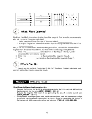 19
What I Have Learned
The Right Hand Rule determines the direction of the magnetic field around a current carrying
wire and vice-versa Using your right-hand:
1. Point your thumb in the direction of the conventional _______________.
2. Curl your fingers into a half-circle around the wire, they point in the direction of the
_______________
Also, it can use to determine the directions of magnetic force, conventional current and the
magnetic field. Given any two of these, the third can be found using your right-hand:
1. Point your _______________ in the direction of the charge's velocity, v, or the
direction of the conventional current.
2. Point your _______________ in the direction of the magnetic field, B.
3. Your _______________ now points in the direction of the magnetic force, F.
What I Can Do
Search and visit the Circuit Construction Kit: DC PhET Simulation. Explore it to know the basic
electricity relationships in series and parallel circuits.
Module 7 MAGNETIC FIELDS
Most Essential Learning Competencies
• Calculate the force per unit length on a current carrying wire due to the magnetic field produced
by other current -carrying wires; (STEM_GP12EM - IIIi -63)
• Evaluate the magnetic field vector at any point along the axis of a circular current loop;
(STEM_GP12EM - IIIi -64)
• Solve problems involving magnetic fields, forces due to magnetic fields and the motion of charges
and current -carrying wires in contexts such as, but not limited to, determining the strength of
Earth’s magnetic field, mass spectrometers, and solenoids. (STEM_GP12EM - IIIi -66)
•
 
