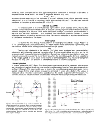 6
about two orders of magnitude less than typical temperature coefficients of resistivity, so the effect of
temperature on L and A is about two orders of magnitude less than on ρ. Thus,
𝑅 = 𝑅0(1 + 𝛼𝛥𝑇)
is the temperature dependence of the resistance of an object, where 𝑅0 is the original resistance (usually
taken to be 𝑇 = 20.00℃) and R is the resistance after a temperature change ΔT. The color code gives the
resistance of the resistor at a temperature of 𝑇 = 20.00℃.
CIRCUIT DIAGRAM
The circuit diagram is a kind of graphical representation of an electrical circuit, showing how
electrical components are connected together. It is usually used by engineers and electricians to explain
elements and paths of an electrical circuit, which is important in design, construction, and maintenance of
electrical and electronic equipment. Circuit diagrams use international standard symbols to provide
schematic diagrams of the circuit and its components. Each symbol is intended to represent some features
of the physical construction of the device.
OHM’S LAW
The current that flows through most substances is directly proportional to the voltage V applied to
it. The German physicist Georg Simon Ohm (1787–1854) was the first to demonstrate experimentally that
the current in a metal wire is directly proportional to the voltage applied:
I∝V.
This important relationship is the basis for Ohm’s law. It can be viewed as a cause-and-effect
relationship, with voltage the cause and current the effect. This is an empirical law, which is to say that it is
an experimentally observed phenomenon, like friction. Such a linear relationship doesn’t always occur. Any
material, component, or device that obeys Ohm’s law, where the current through the device is proportional
to the voltage applied, is known as an ohmic material or ohmic component. Any material or component
that does not obey Ohm’s law is known as a nonohmic material or nonohmic component.
Ohm’s Experiment
In a paper published in 1827, Georg Ohm described an experiment in which he measured voltage across
and current through various simple electrical circuits containing various lengths of wire. A similar experiment
is shown in Figure 5. This experiment is used to observe the current through a resistor that results from an
applied voltage. In this simple circuit, a resistor is connected in series with a battery. The voltage is
measured with a voltmeter, which must be placed across the resistor (in parallel with the resistor). The
current is measured with an ammeter, which must be in line with the resistor (in series with the resistor).
Figure 6: A resistor is placed in a circuit with a battery. The voltage applied varies
from −10.00 V to +10.00 V, increased by 1.00-V increments. A plot shows values of
the voltage versus the current typical of what a casual experimenter might find.
Figure 5: The experimental set-up used to determine if a
resistor is an ohmic or nonohmic device. (a) When the battery
is attached, the current flows in the clockwise direction and the
voltmeter and ammeter have positive readings. (b) When the
leads of the battery are switched, the current flows in the
counterclockwise direction and the voltmeter and ammeter
have negative readings.
 