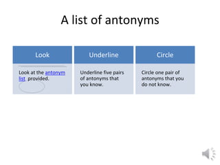 A list of antonyms
Look
Look at the antonym
list provided.
Underline
Underline five pairs
of antonyms that
you know.
Circle
Circle one pair of
antonyms that you
do not know.
 
