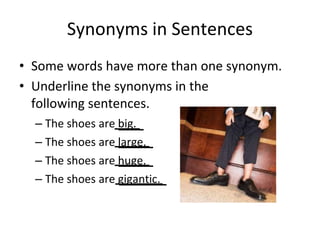 Synonyms in Sentences
• Some words have more than one synonym.
• Underline the synonyms in the
following sentences.
– The shoes are big.
– The shoes are large.
– The shoes are huge.
– The shoes are gigantic.
 