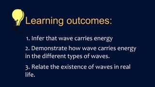 Learning outcomes:
1. Infer that wave carries energy
2. Demonstrate how wave carries energy
in the different types of waves.
3. Relate the existence of waves in real
life.
 