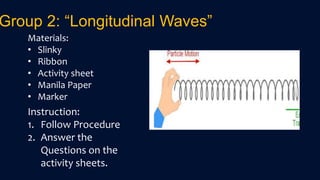 Group 2: “Longitudinal Waves”
Materials:
• Slinky
• Ribbon
• Activity sheet
• Manila Paper
• Marker
Instruction:
1. Follow Procedure
2. Answer the
Questions on the
activity sheets.
 