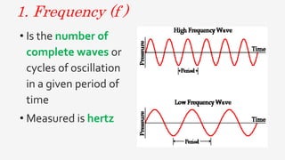 1. Frequency (f )
• Is the number of
complete waves or
cycles of oscillation
in a given period of
time
• Measured is hertz
 