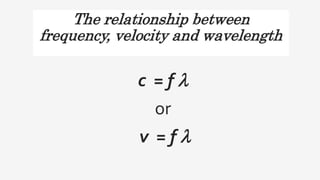 The relationship between
frequency, velocity and wavelength
c = f 
or
v = f 
 