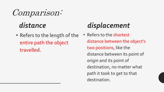Comparison:
distance
• Refers to the length of the
entire path the object
travelled.
displacement
• Refers to the shortest
distance between the object’s
two positions, like the
distance between its point of
origin and its point of
destination, no matter what
path it took to get to that
destination.
 