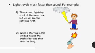 • Light travels much faster than sound. For example:
1) Thunder and lightning
start at the same time,
but we will see the
lightning first.
2) When a starting pistol
is fired we see the
smoke first and then
hear the bang.
 