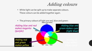 Adding colours
• White light can be split up to make separate colours.
These colours can be added together again.
• The primary colours of light are red, blue and green:
Adding blue and red
makes magenta
(purple)
Adding blue and
green makes cyan
(light blue)
Adding all
three makes
white again
Adding red
and green
makes yellow
 