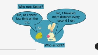 Who is right?
Me, as I spent
less time on the
trip.
No, I travelled
more distance every
second I ran.
Who runs faster?
 