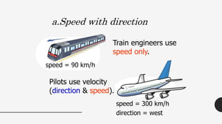 speed = 300 km/h
direction = west
Train engineers use
speed only.
a.Speed with direction
Pilots use velocity
(direction & speed).
speed = 90 km/h
 
