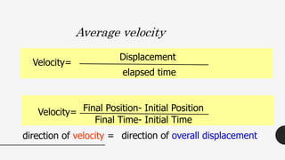 Average velocity
Velocity=
Displacement
elapsed time
direction of velocity = direction of overall displacement
Velocity= Final Position- Initial Position
Final Time- Initial Time
 
