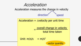 Acceleration
Acceleration measures the change in velocity
Acceleration = velocity per unit time
direction speed
overall change in velocity
total time taken
= m/s2
Unit: m/s/s
vector quantity
=
 