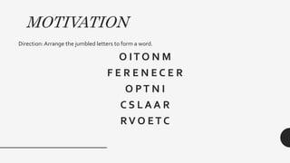 MOTIVATION
Direction:Arrange the jumbled letters to form a word.
O IT O N M
F E R E N E C E R
O PT N I
C S L A A R
RV O ET C
 