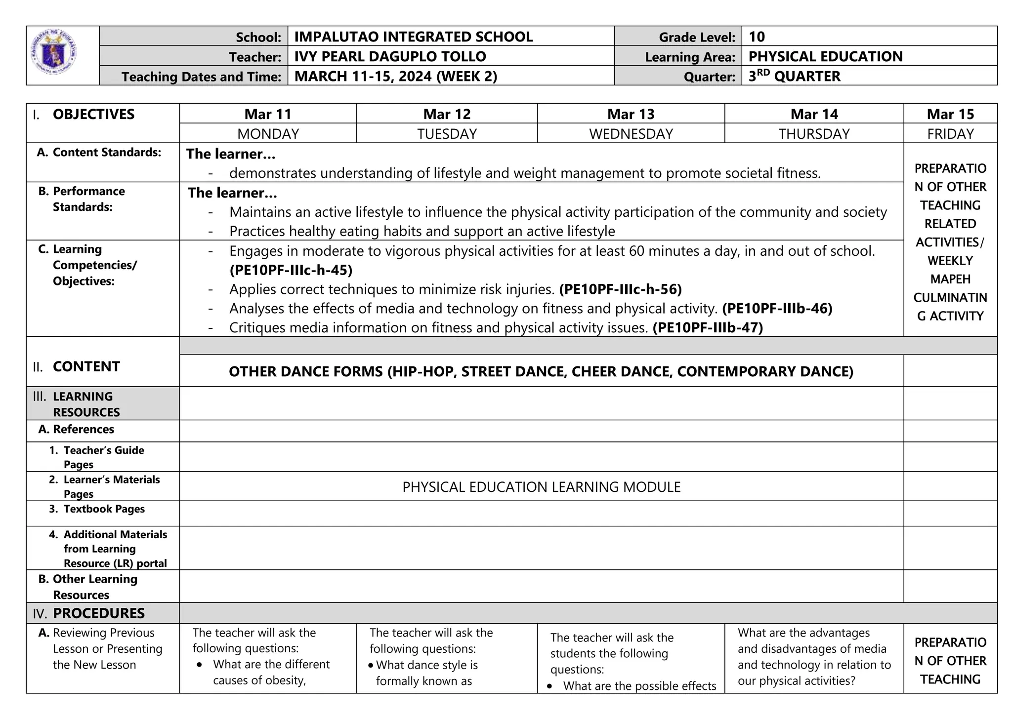 3rd Quarter Grade 10 PE DLL Week 2.docx