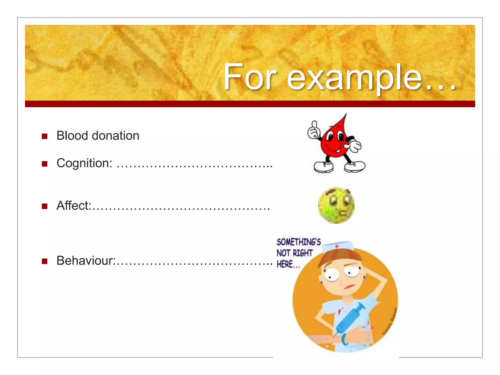 For example…Blood donationCognition: ………………………………..Affect:…………………………………….Behaviour:………………………………...