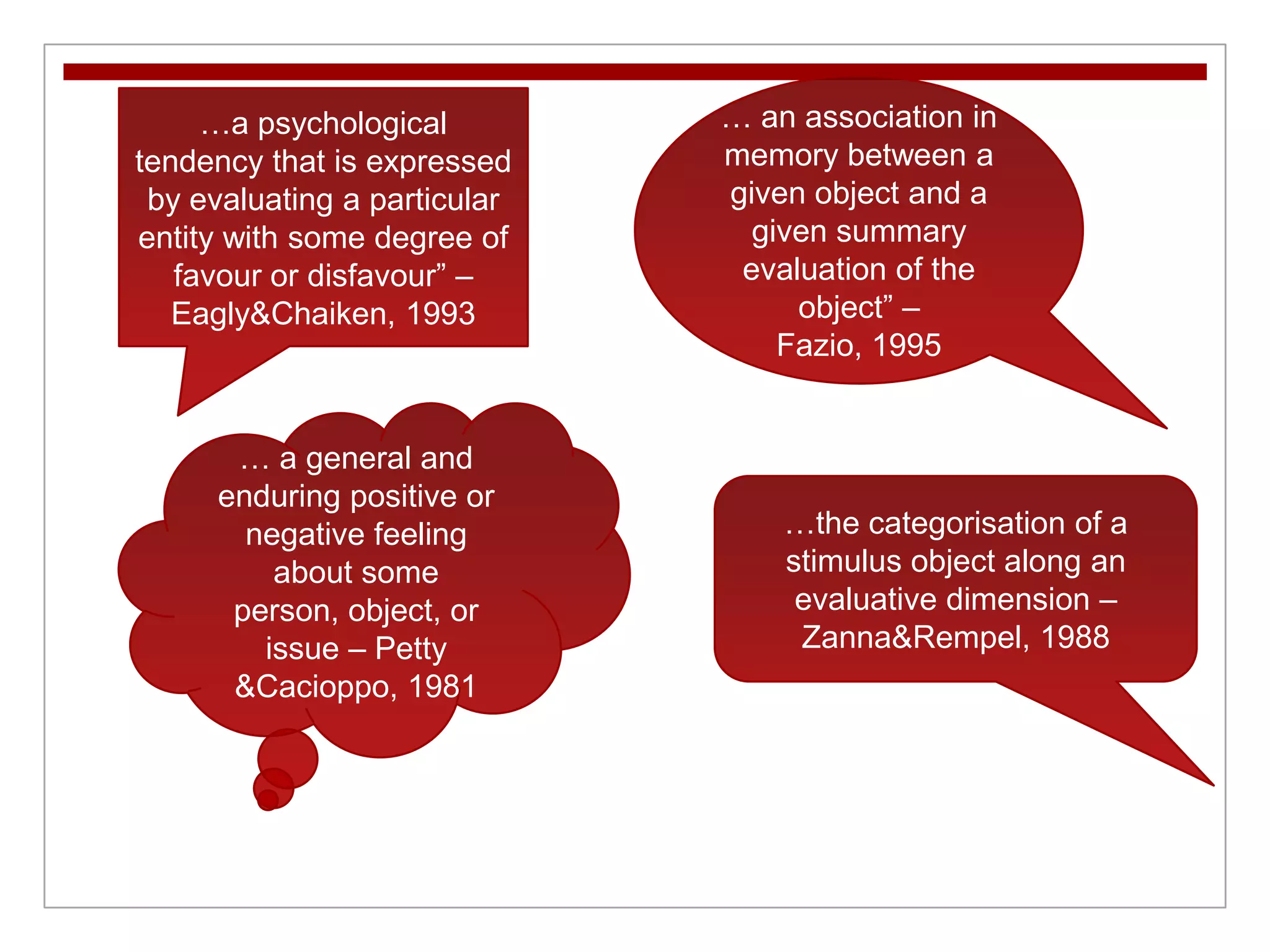 … an association in memory between a given object and a given summary evaluation of the object” – Fazio, 1995…a psychological tendency that is expressed by evaluating a particular entity with some degree of favour or disfavour” – Eagly & Chaiken, 1993… a general and enduring positive or negative feeling about some person, object, or issue – Petty & Cacioppo, 1981…the categorisation of a stimulus object along an evaluative dimension – Zanna & Rempel, 1988