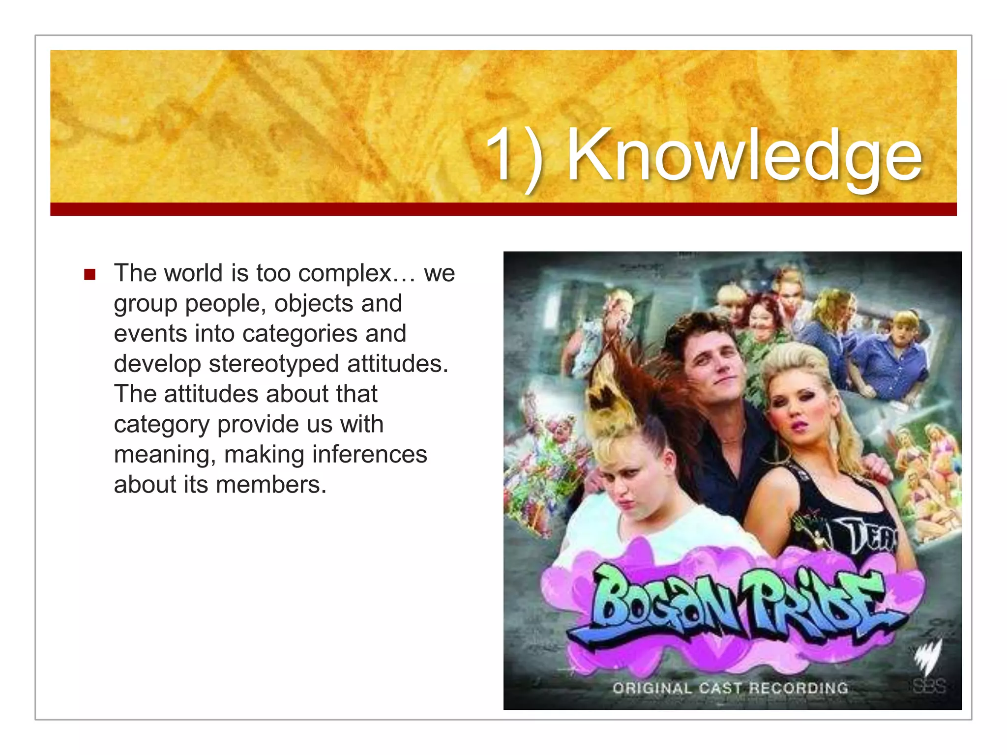 1) KnowledgeThe world is too complex… we group people, objects and events into categories and develop stereotyped attitudes. The attitudes about that category provide us with meaning, making inferences about its members.