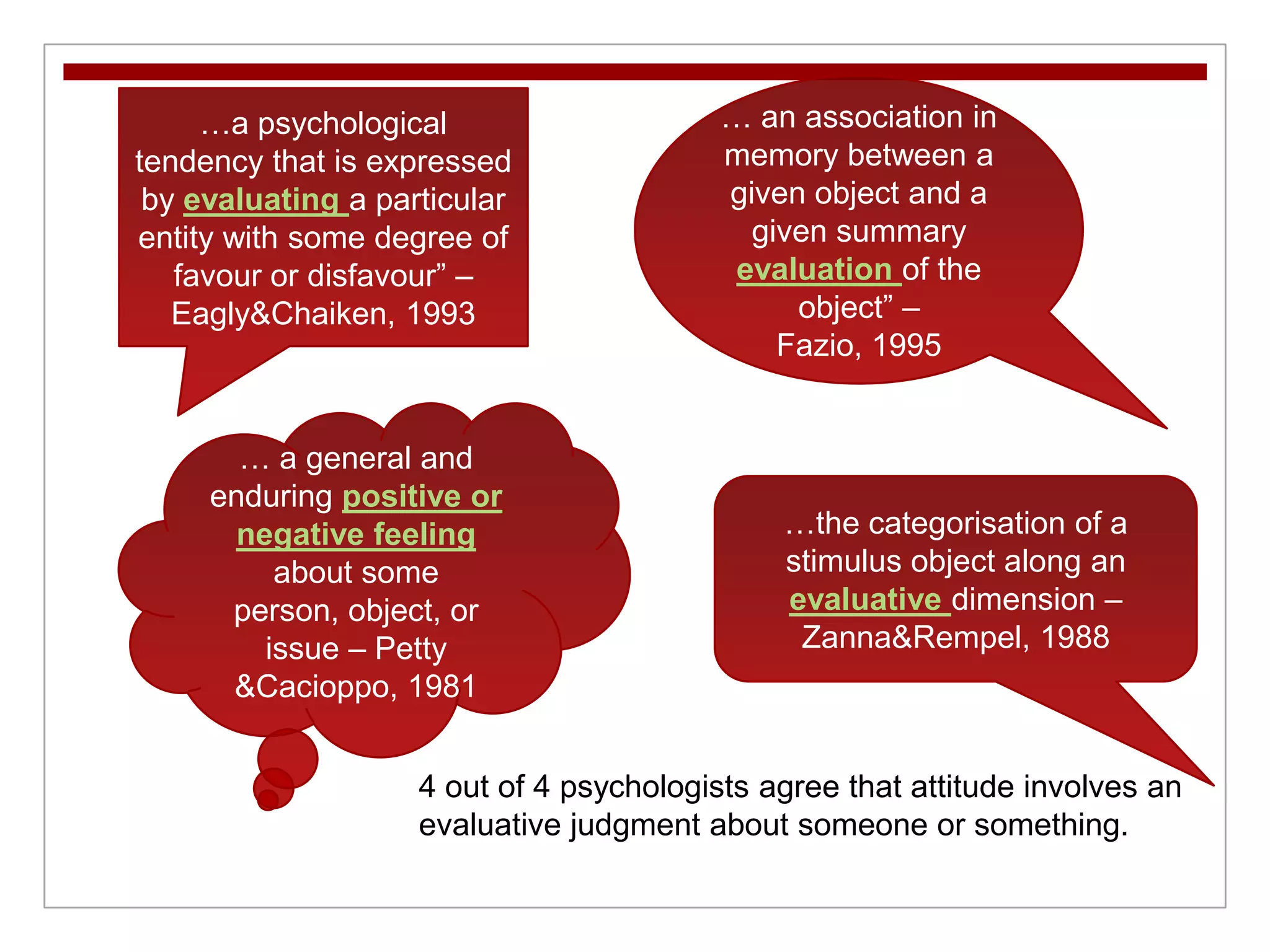 … an association in memory between a given object and a given summary evaluation of the object” – Fazio, 1995…a psychological tendency that is expressed by evaluating a particular entity with some degree of favour or disfavour” – Eagly & Chaiken, 1993… a general and enduring positive or negative feeling about some person, object, or issue – Petty & Cacioppo, 1981…the categorisation of a stimulus object along an evaluative dimension – Zanna & Rempel, 19884 out of 4 psychologists agree that attitude involves an evaluative judgment about someone or something.