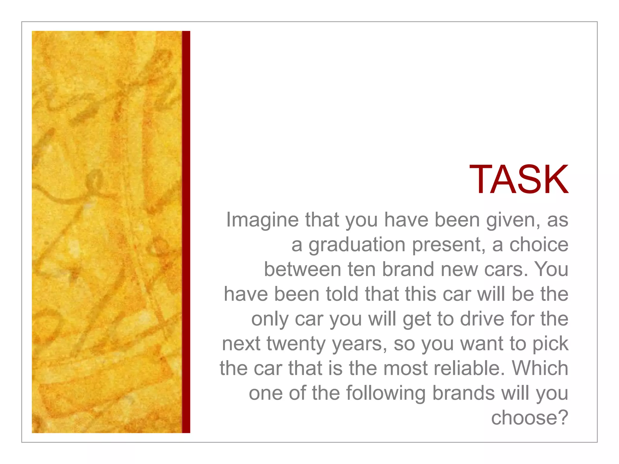 TASK Imagine that you have been given, as a graduation present, a choice between ten brand new cars. You have been told that this car will be the only car you will get to drive for the next twenty years, so you want to pick the car that is the most reliable. Which one of the following brands will you choose?