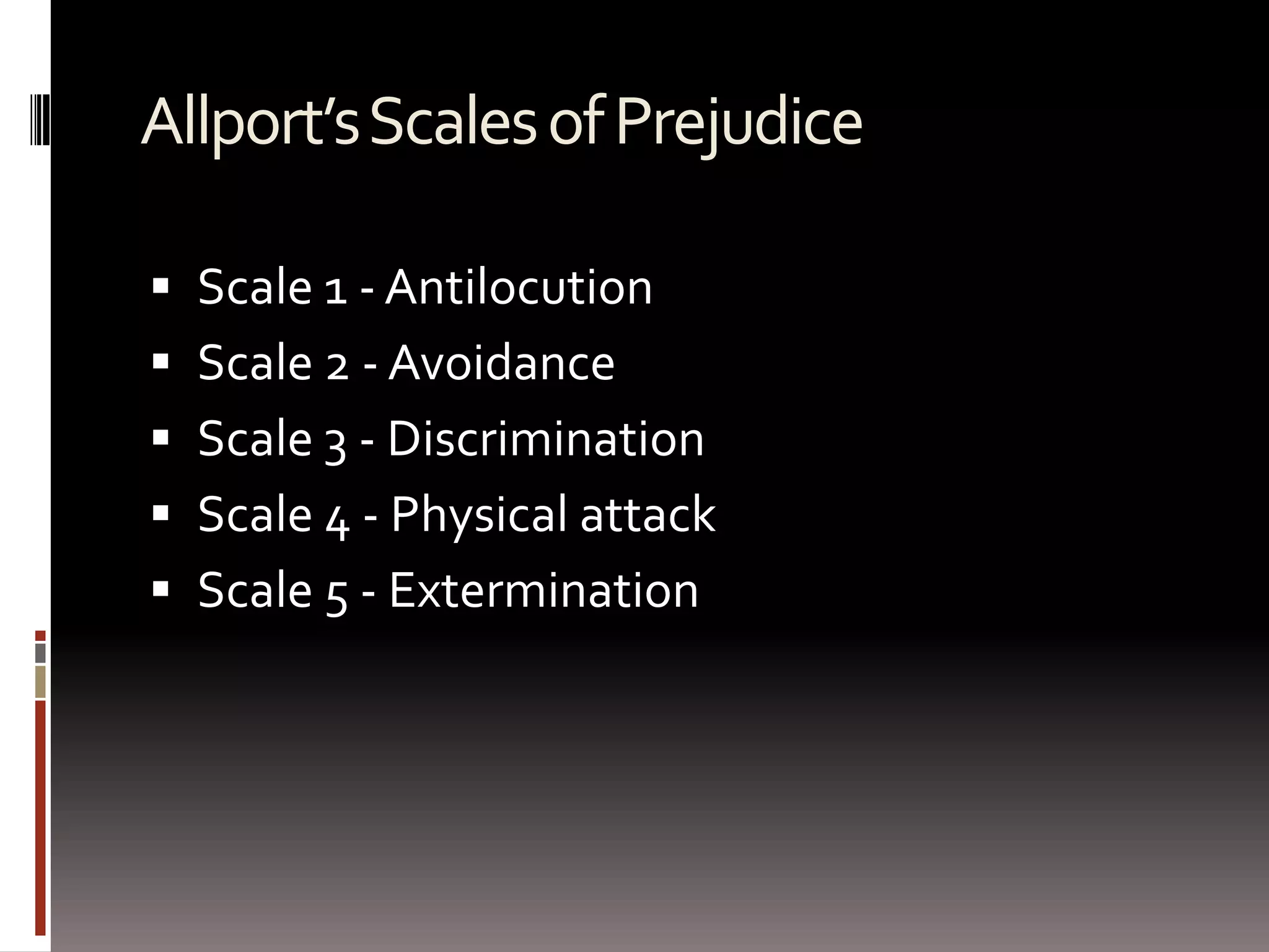 Allport’s Scales of PrejudiceScale 1 - AntilocutionScale 2 - AvoidanceScale 3 - DiscriminationScale 4 - Physical attackScale 5 - Extermination