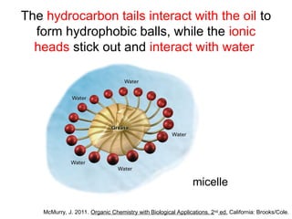 The hydrocarbon tails interact with the oil to
form hydrophobic balls, while the ionic
heads stick out and interact with water
McMurry, J. 2011. Organic Chemistry with Biological Applications. 2nd
ed. California: Brooks/Cole.
micelle
 