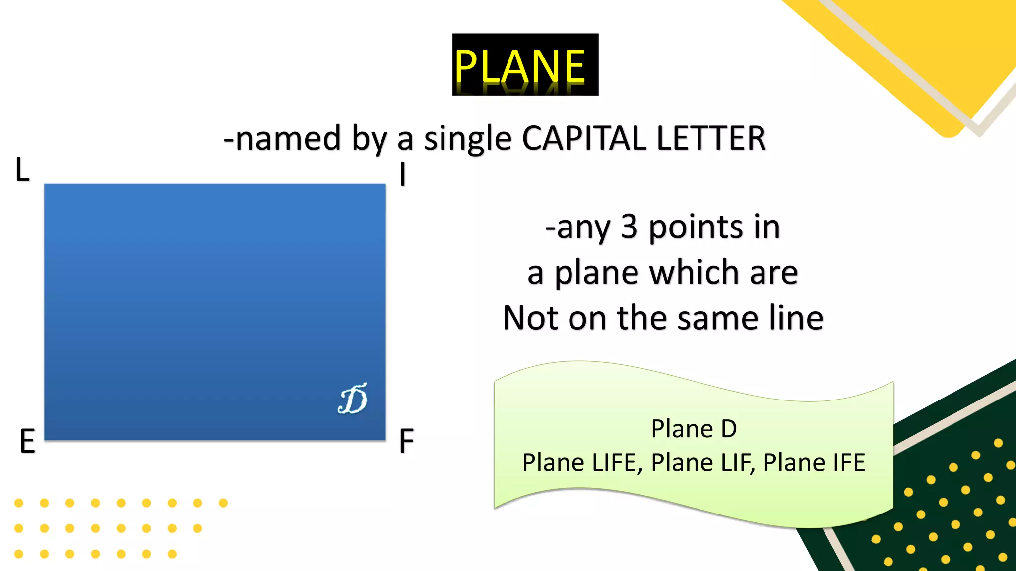PLANE
-named by a single CAPITAL LETTER
L
E
I
F
-any 3 points in
a plane which are
Not on the same line
Plane D
Plane LIFE, Plane LIF, Plane IFE
 