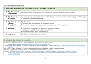 1
EPP/ KUWARTER 3/ BAITANG 5
I. NILALAMAN NG KURIKULUM, PAMANTAYAN, AT MGA KASANAYAN SA ARALIN
A. Mga Pamantayang
Pangnilalaman
Ang mga mag-aaral ay naisasagawa ang kasanayan sa pananahi gamit ang kamay at makina.
B. Mga Pamantayan
sa Pagganap
Ang mga mag-aaral ay nailalapat ang embroidery design sa mga produkto o nakakabuo ng mga produktong gawa
ng embroidery sa maaring pagkakitaan.
C. Mga Kasanayan at
Layuning
Pampagkatuto
Mga Kasanayan
1. Natutukoy ang mga kagamitan sa embroidery stitches.
2. Nasusunod ang mga wastong pamamaraan ng pagbuo ng embroidery stitches.
D. Nilalaman • Kagamitan at Pamamaraan sa Paggawa ng Embroidery Stitches
• Kahalagahan ng Pagbuburda o Embroidery Stitches.
• Pagbuo ng Disensyo Gamit ang Embroidery.
E. Integrasyon SDG 8: Decent Work and Economic Growth
II. BATAYANG SANGGUNIAN SA PAGKATUTO
A Little Book of Embroidery asics. (2016). [PDF]. The Embroiderers’ Guild of America.
https://egausa.org/app/uploads/2019/07/LittleBook_8x5_Jul2019.pdf
Cutesy Crafts. (2022, October 10). How to embroider by hand for Beginners - Cutesy Crafts. https://cutesycrafts.com/how-to-embroider-for-
beginners
Dela Cruz, T.R. and Tabbada, E.V. (2000) Technology and Home Economics, Phoenix Publishing House
Rojo et al., (1998, 2002 reprinted) Home Economics III, Adriana Publishing Co. Inc.
Studocu. (n.d.). LM-Handicraft-G9 - Handicraft - EXECUTIVE SUMMARY richardrrr.blogspot This Learning Module on - Studocu.
https://www.studocu.com/ph/document/cebu-normal-university/bachelor-of-secondary-education/lm-handicraft-g9-
handicraft/67547729
 