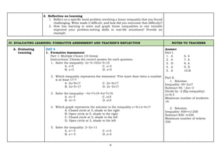 9
2. Reflection on Learning
1. Reflect on a specific word problem involving a linear inequality that you found
challenging. What made it difficult, and how did you overcome that difficulty?
2. How has learning to solve and graph linear inequalities in one variable
improved your problem-solving skills in real-life situations? Provide an
example.
IV. EVALUATING LEARNING: FORMATIVE ASSESSMENT AND TEACHER’S REFLECTION NOTES TO TEACHERS
A. Evaluating
Learning
DAY 4
1. Formative Assessment
Part 1: Multiple Choice (10 items)
Instructions: Choose the correct answer for each question.
1. Solve the inequality: 3𝑥−5<103x−5<10
A. 𝑥<5 C. 𝑥>3
B. 𝑥<3 D. 𝑥>5
2. Which inequality represents the statement "Five more than twice a number
is at least 17"?
A. 2𝑥+5≥17 C. 2𝑥−5≤17
B. 2𝑥+5>17 D. 2𝑥−5≥17
3. Solve the inequality: −4𝑥+7≤19−4x+7≤19.
A. 𝑥≥−3 C. 𝑥≥3
B. 𝑥≤−3 D. 𝑥≤3
4. Which graph represents the solution to the inequality 𝑥−4≥1x−4≥1?
A. Closed circle at 5, shade to the right
B. Open circle at 5, shade to the right
C. Closed circle at 3, shade to the left
D. Open circle at 3, shade to the left
5. Solve the inequality: 2−3𝑥<11
A. 𝑥>−3 C. 𝑥<3
B. 𝑥<−3 D. 𝑥>3
Answer:
Part I.
1. A 6. A
2. A 7. A
3. D 8. A
4. A 9. D
5. A 10.B
Part II.
1. Solution:
Inequality: 40−2𝑠≥7
Subtract 40: −2𝑠≥−3
Divide by -2 (flip inequality):
𝑠≤16.5
Maximum number of students:
16
2. Solution:
Inequality: 850+𝑡≤1200
Subtract 850: 𝑡≤350
Maximum number of tickets:
350
 
