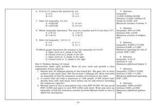 10
6. If 5𝑥+2>17, what is the solution for 𝑥x?
A. 𝑥>3 C. 𝑥<3
B. 𝑥>2 D. 𝑥<2
7. Solve the inequality: 4x−3≤2
A. 𝑥≤20x≤20 C. 𝑥≤1x≤1
B. 𝑥≥20x≥20 D. 𝑥≥1x≥1
8. Which inequality represents "The sum of a number and 8 is less than 15"?
A. 𝑥+8<15 C. 𝑥−8<15
B. 𝑥+8≤15 D. 𝑥−8≤15
9. Solve the inequality: −2𝑥+3>−5.
A. 𝑥<4 C. 𝑥<−1
B. 𝑥>4 D. 𝑥>−1
10.Which graph represents the solution to the inequality 3𝑥+4≤10?
A. Open circle at 2, shade to the left
B. Closed circle at 2, shade to the left
C. Open circle at -2, shade to the right
D. Closed circle at -2, shade to the right
Part 2: Problem Solving (10 items)
Instructions: Solve each problem. Show all your work and provide a clear
explanation of your solution.
1. Nayeon won 40 lollipops playing at the school fair. She gave two to every
student in her math class. She has at least 7 lollipops left. Write and solve
an inequality to find the maximum number of students in her class.
2. A concert hall can hold a maximum of 1200 people. If 850 tickets have
already been sold, how many more tickets can be sold without exceeding
the maximum capacity?
3. Michael wants to buy a smartphone that costs PHP 30,000. He has saved
PHP 12,000 and plans to save PHP 2,000 each week. Write and solve an
inequality to find the minimum number of weeks Michael needs to save to
afford the smartphone.
3. Solution:
Inequality:
12,000+2,000𝑤≥30,000
Subtract 12,000: 2,000𝑤≥18,
Divide by 2,000: 𝑤≥9
Minimum number of weeks: 9
4. Solution:
Inequality: 850+𝑤≥1500
Subtract 850: 𝑤≥650
Minimum number of widgets:
650
5. Solution:
Inequality: 8,000+𝑥<15,000
Subtract 8,000: 𝑥<7,000
Maximum spending for rest of
month: PHP 7,000
6. Solution:
Inequality: 4+𝑏≤10
Subtract 4: 𝑏≤6
Maximum additional books: 6
7. Solution:
Inequality: 3,500+𝑥>5,000
Subtract 3,500: 𝑥>1,500
Minimum additional spending:
PHP 1,500
8. Solution:
Inequality: 3200+𝑔≤5000
Subtract 3200: 𝑔≤1800
Maximum additional gallons:
1800
 