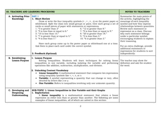 2
III. TEACHING AND LEARNING PROCEDURE NOTES TO TEACHERS
A. Activating Prior
Knowledge
DAY 1
1. Short Review
Draw or write the four inequality symbols (> , < , ≥ , ≤) on the poster paper or
whiteboard. Split the class into small groups or pairs. Give each group a set of
cards or small pieces of paper with statements or expressions.
1. “3 is greater than 2” 6. “12 is greater than 8.”
2. “5 is less than or equal to 6.” 7. “9 is less than or equal to 9.”
3. “10 is less than 15.” 8. “20 is greater than 18.”
4. “7 is greater than or equal to 5.” 9. “2 is less than 4.”
5. “4 is less than 7.” 10. “6 is greater than 3.”
Have each group come up to the poster paper or whiteboard one at a time.
Ask them to place each card under the correct symbol.
2. Feedback (Optional)
Summarize the main points of
the activity, highlighting the
meanings of each inequality
symbol and how they express
relationships between quantities.
Review each statement or
expression as a class. Discuss
why each statement belongs
under a particular symbol,
encouraging students to explain
their reasoning.
For an extra challenge, provide
additional statements or
expressions for students to sort
independently.
B. Establishing
Lesson Purpose
1. Lesson Purpose
Solving Inequalities: Students will learn techniques for solving linear
inequalities in one variable, including isolating the variable and performing
operations like addition, subtraction, multiplication, and division.
2. Unlocking Content Vocabulary
• Linear Inequality: A mathematical statement that compares two expressions
using inequality symbols like <, >, ≤, or ≥.
• Variable: A symbol representing a quantity that can change or vary, often
denoted by letters like x or 𝑦.
• One Variable: Refers to inequalities involving only one unknown quantity.
The teacher may show the
definition and ask the student
the word.
C. Developing and
Deepening
Understanding
SUB-TOPIC 1: Linear Inequalities in One Variable and their Graphs
1. Explicitation
A linear inequality is a mathematical statement that relates a linear
expression as either less than or greater than another. The following are some
examples of linear inequalities, all of which are solved in this section:
 