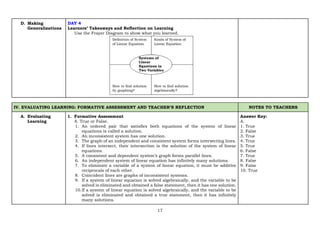 17
D. Making
Generalizations
DAY 4
Learners’ Takeaways and Reflection on Learning
Use the Frayer Diagram to show what you learned.
IV. EVALUATING LEARNING: FORMATIVE ASSESSMENT AND TEACHER’S REFLECTION NOTES TO TEACHERS
A. Evaluating
Learning
1. Formative Assessment
A. True or False.
1. An ordered pair that satisfies both equations of the system of linear
equations is called a solution.
2. An inconsistent system has one solution.
3. The graph of an independent and consistent system forms intersecting lines.
4. If lines intersect, their intersection is the solution of the system of linear
equations.
5. A consistent and dependent system’s graph forms parallel lines.
6. An independent system of linear equation has infinitely many solutions.
7. To eliminate a variable of a system of linear equation, it must be additive
reciprocals of each other.
8. Coincident lines are graphs of inconsistent systems.
9. If a system of linear equation is solved algebraically, and the variable to be
solved is eliminated and obtained a false statement, then it has one solution.
10.If a system of linear equation is solved algebraically, and the variable to be
solved is eliminated and obtained a true statement, then it has infinitely
many solutions.
Answer Key:
A.
1. True
2. False
3. True
4. True
5. True
6. False
7. True
8. False
9. False
10. True
 