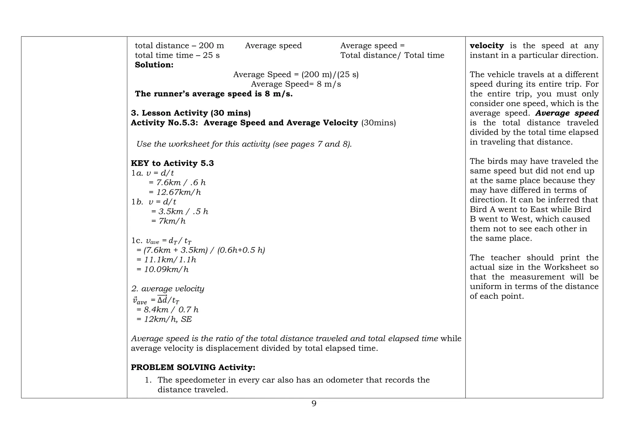 9
total distance – 200 m
total time time – 25 s
Average speed Average speed =
Total distance/ Total time
Solution:
Average Speed = (200 m)/(25 s)
Average Speed= 8 m/s
The runner’s average speed is 8 m/s.
3. Lesson Activity (30 mins)
Activity No.5.3: Average Speed and Average Velocity (30mins)
Use the worksheet for this activity (see pages 7 and 8).
KEY to Activity 5.3
1a. v = d/t
= 7.6km / .6 h
= 12.67km/h
1b. v = d/t
= 3.5km / .5 h
= 7km/h
1c. vave = 𝑑𝑇/ 𝑡𝑇
= (7.6km + 3.5km) / (0.6h+0.5 h)
= 11.1km/1.1h
= 10.09km/h
2. average velocity
𝑣
Ԧ𝑎𝑣𝑒 = ∆𝑑
⃗⃗⃗⃗⃗Ԧ/𝑡𝑇
= 8.4km / 0.7 h
= 12km/h, SE
Average speed is the ratio of the total distance traveled and total elapsed time while
average velocity is displacement divided by total elapsed time.
PROBLEM SOLVING Activity:
1. The speedometer in every car also has an odometer that records the
distance traveled.
velocity is the speed at any
instant in a particular direction.
The vehicle travels at a different
speed during its entire trip. For
the entire trip, you must only
consider one speed, which is the
average speed. Average speed
is the total distance traveled
divided by the total time elapsed
in traveling that distance.
The birds may have traveled the
same speed but did not end up
at the same place because they
may have differed in terms of
direction. It can be inferred that
Bird A went to East while Bird
B went to West, which caused
them not to see each other in
the same place.
The teacher should print the
actual size in the Worksheet so
that the measurement will be
uniform in terms of the distance
of each point.
 