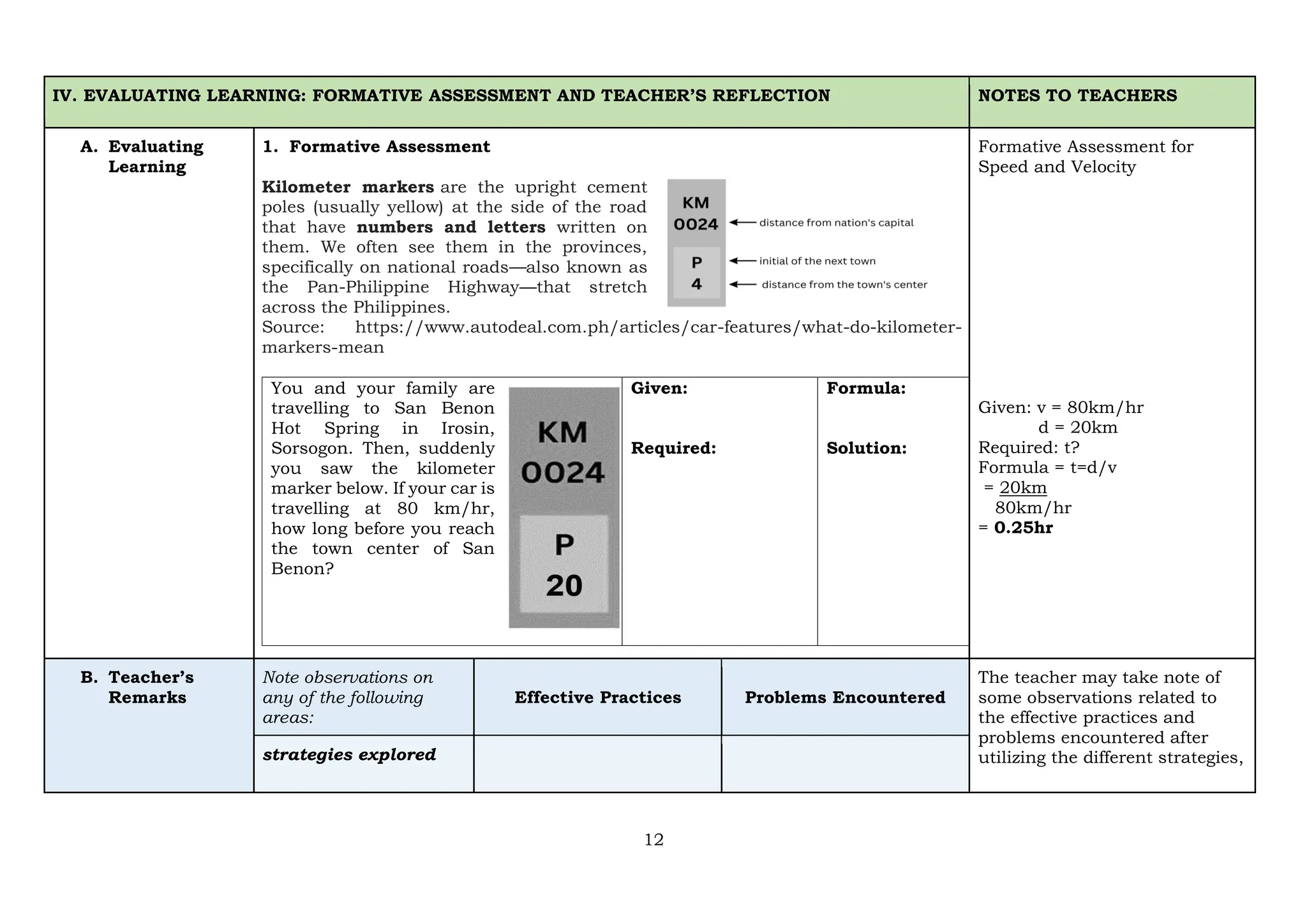 12
IV. EVALUATING LEARNING: FORMATIVE ASSESSMENT AND TEACHER’S REFLECTION NOTES TO TEACHERS
A. Evaluating
Learning
1. Formative Assessment
Kilometer markers are the upright cement
poles (usually yellow) at the side of the road
that have numbers and letters written on
them. We often see them in the provinces,
specifically on national roads—also known as
the Pan-Philippine Highway—that stretch
across the Philippines.
Source: https://www.autodeal.com.ph/articles/car-features/what-do-kilometer-
markers-mean
You and your family are
travelling to San Benon
Hot Spring in Irosin,
Sorsogon. Then, suddenly
you saw the kilometer
marker below. If your car is
travelling at 80 km/hr,
how long before you reach
the town center of San
Benon?
Given:
Required:
Formula:
Solution:
Formative Assessment for
Speed and Velocity
Given: v = 80km/hr
d = 20km
Required: t?
Formula = t=d/v
= 20km
80km/hr
= 0.25hr
B. Teacher’s
Remarks
Note observations on
any of the following
areas:
Effective Practices Problems Encountered
The teacher may take note of
some observations related to
the effective practices and
problems encountered after
utilizing the different strategies,
strategies explored
 