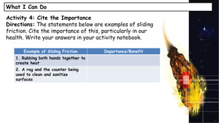 What I Can Do
Activity 4: Cite the Importance
Directions: The statements below are examples of sliding
friction. Cite the importance of this, particularly in our
health. Write your answers in your activity notebook.
Example of Sliding Friction Importance/Benefit
1. Rubbing both hands together to
create heat
2. A rag and the counter being
used to clean and sanitize
surfaces
 