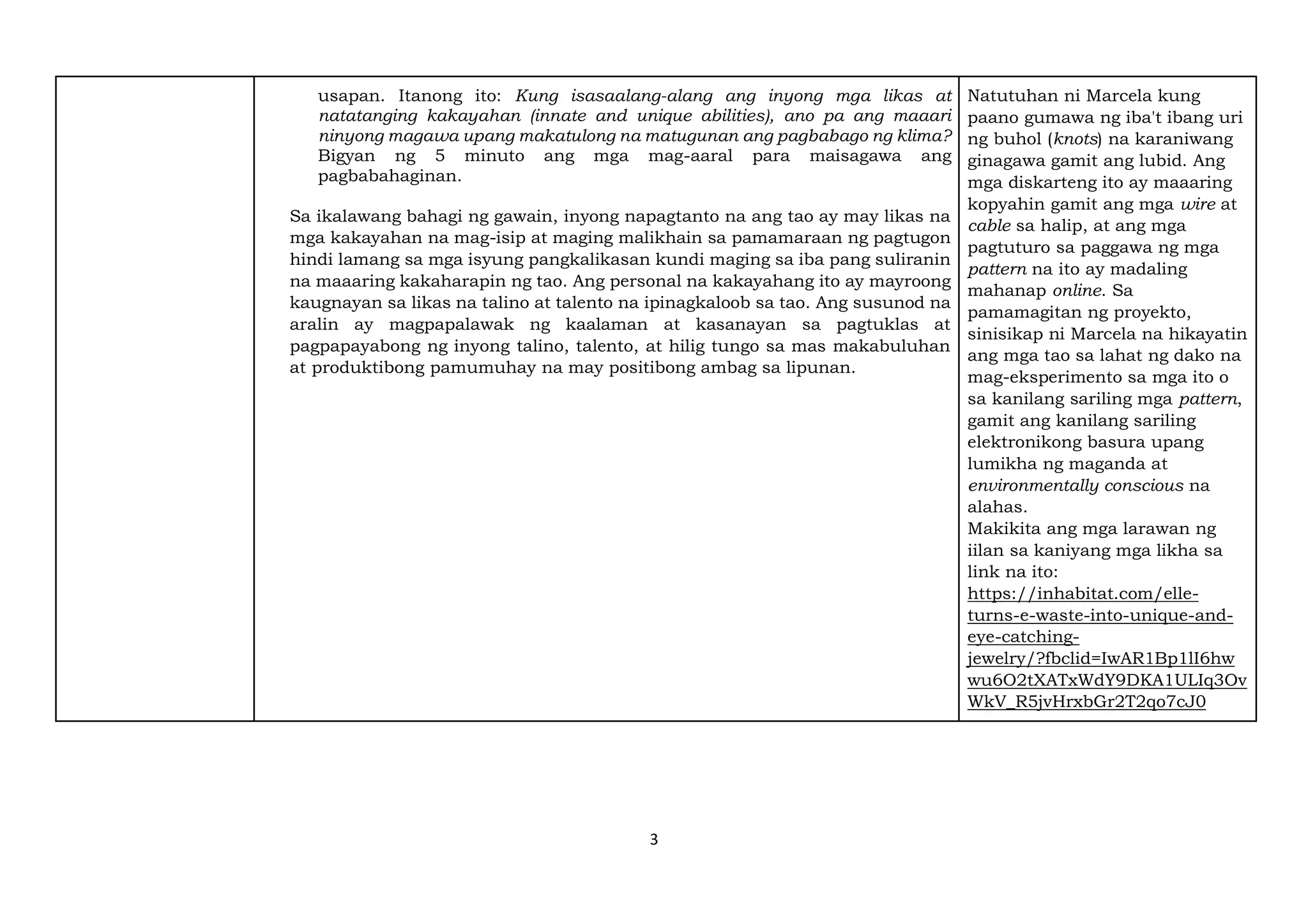 3
usapan. Itanong ito: Kung isasaalang-alang ang inyong mga likas at
natatanging kakayahan (innate and unique abilities), ano pa ang maaari
ninyong magawa upang makatulong na matugunan ang pagbabago ng klima?
Bigyan ng 5 minuto ang mga mag-aaral para maisagawa ang
pagbabahaginan.
Sa ikalawang bahagi ng gawain, inyong napagtanto na ang tao ay may likas na
mga kakayahan na mag-isip at maging malikhain sa pamamaraan ng pagtugon
hindi lamang sa mga isyung pangkalikasan kundi maging sa iba pang suliranin
na maaaring kakaharapin ng tao. Ang personal na kakayahang ito ay mayroong
kaugnayan sa likas na talino at talento na ipinagkaloob sa tao. Ang susunod na
aralin ay magpapalawak ng kaalaman at kasanayan sa pagtuklas at
pagpapayabong ng inyong talino, talento, at hilig tungo sa mas makabuluhan
at produktibong pamumuhay na may positibong ambag sa lipunan.
Natutuhan ni Marcela kung
paano gumawa ng iba't ibang uri
ng buhol (knots) na karaniwang
ginagawa gamit ang lubid. Ang
mga diskarteng ito ay maaaring
kopyahin gamit ang mga wire at
cable sa halip, at ang mga
pagtuturo sa paggawa ng mga
pattern na ito ay madaling
mahanap online. Sa
pamamagitan ng proyekto,
sinisikap ni Marcela na hikayatin
ang mga tao sa lahat ng dako na
mag-eksperimento sa mga ito o
sa kanilang sariling mga pattern,
gamit ang kanilang sariling
elektronikong basura upang
lumikha ng maganda at
environmentally conscious na
alahas.
Makikita ang mga larawan ng
iilan sa kaniyang mga likha sa
link na ito:
https://inhabitat.com/elle-
turns-e-waste-into-unique-and-
eye-catching-
jewelry/?fbclid=IwAR1Bp1lI6hw
wu6O2tXATxWdY9DKA1ULIq3Ov
WkV_R5jvHrxbGr2T2qo7cJ0
 