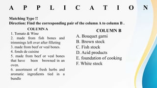 A P P L I C A T I O N
Matching Type !!
Direction: Find the corresponding pair of the column A to column B .
COLUMN A
1. Tomato & Wine
2. made from fish bones and
trimmings left over after filleting
3. made from beef or veal bones.
4. fonds de cuisine
5. made from beef or veal bones
that have been browned in an
oven.
6. assortment of fresh herbs and
aromatic ingredients tied in a
bundle
COLUMN B
A. Bouquet garni
B. Brown stock
C. Fish stock
D. Acid products
E. foundation of cooking
F. White stock
 