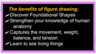 The benefits of figure drawing.
Discover Foundational Shapes
Strengthen your knowledge of human
anatomy
Captures the movement, weight,
balance, and tension
Learn to see living things
 