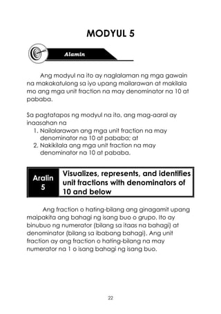 22
MODYUL 5
Ang modyul na ito ay naglalaman ng mga gawain
na makakatulong sa iyo upang mailarawan at makilala
mo ang mga unit fraction na may denominator na 10 at
pababa.
Sa pagtatapos ng modyul na ito, ang mag-aaral ay
inaasahan na
1. Nailalarawan ang mga unit fraction na may
denominator na 10 at pababa; at
2. Nakikilala ang mga unit fraction na may
denominator na 10 at pababa.
Aralin
5
Visualizes, represents, and identifies
unit fractions with denominators of
10 and below
Ang fraction o hating-bilang ang ginagamit upang
maipakita ang bahagi ng isang buo o grupo. Ito ay
binubuo ng numerator (bilang sa itaas na bahagi) at
denominator (bilang sa ibabang bahagi). Ang unit
fraction ay ang fraction o hating-bilang na may
numerator na 1 o isang bahagi ng isang buo.
 