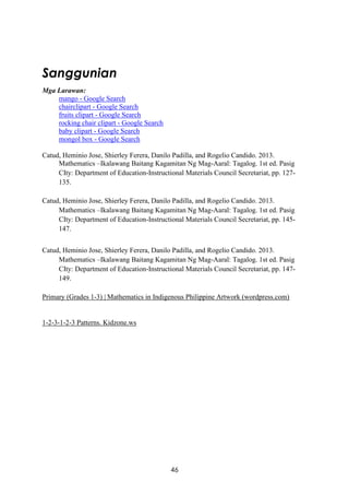 46
Sanggunian
Mga Larawan:
mango - Google Search
chairclipart - Google Search
fruits clipart - Google Search
rocking chair clipart - Google Search
baby clipart - Google Search
mongol box - Google Search
Catud, Heminio Jose, Shierley Ferera, Danilo Padilla, and Rogelio Candido. 2013.
Mathematics –Ikalawang Baitang Kagamitan Ng Mag-Aaral: Tagalog. 1st ed. Pasig
CIty: Department of Education-Instructional Materials Council Secretariat, pp. 127-
135.
Catud, Heminio Jose, Shierley Ferera, Danilo Padilla, and Rogelio Candido. 2013.
Mathematics –Ikalawang Baitang Kagamitan Ng Mag-Aaral: Tagalog. 1st ed. Pasig
CIty: Department of Education-Instructional Materials Council Secretariat, pp. 145-
147.
Catud, Heminio Jose, Shierley Ferera, Danilo Padilla, and Rogelio Candido. 2013.
Mathematics –Ikalawang Baitang Kagamitan Ng Mag-Aaral: Tagalog. 1st ed. Pasig
CIty: Department of Education-Instructional Materials Council Secretariat, pp. 147-
149.
Primary (Grades 1-3) | Mathematics in Indigenous Philippine Artwork (wordpress.com)
1-2-3-1-2-3 Patterns. Kidzone.ws
 