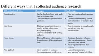 Different ways that I collected audience research:
Different data collection Advantages Disadvantages
Questionnaires • Can be distributed on a wide scale.
• Easy to evaluate data.
• Can contain both open and closed
questions.
• Fake answers therefore inaccurate
results.
• Distribution method may collect
more of one type of audience than
another
Interviews • The interviewee is on their own
usually so they tell the truth.
• You get to properly
know/understand the participating
audience.
• Time consuming to enough people.
• Interviewee may feel
uncomfortable.
Focus Group • Thoroughly cover subjects as the
discussion gets different points of
view.
• Dominant characters influence
other participants so they do not
voice their own opinion.
• Not everyone expresses their
opinion.
Peer feedback • Gives a variety of opinions.
• Encourages student involvement.
• May put false answers.
• May ‘gang up’ on one individual.
 