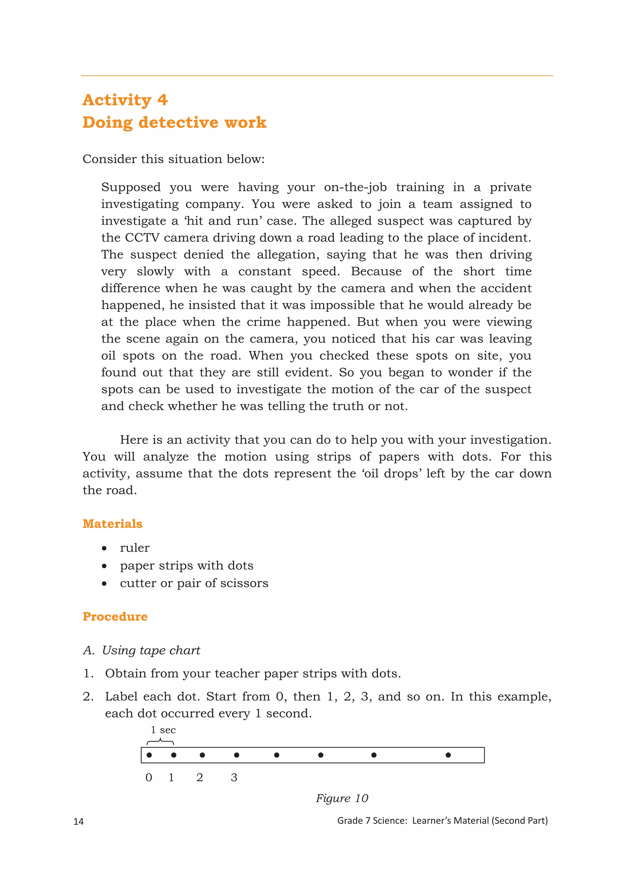 14 Grade 7 Science: Learner’s Material (Second Part)Grade 7 Science: Energy In Motion 96
Activity 4
Doing detective work
Consider this situation below:
Supposed you were having your on-the-job training in a private
investigating company. You were asked to join a team assigned to
investigate a ‘hit and run’ case. The alleged suspect was captured by
the CCTV camera driving down a road leading to the place of incident.
The suspect denied the allegation, saying that he was then driving
very slowly with a constant speed. Because of the short time
difference when he was caught by the camera and when the accident
happened, he insisted that it was impossible that he would already be
at the place when the crime happened. But when you were viewing
the scene again on the camera, you noticed that his car was leaving
oil spots on the road. When you checked these spots on site, you
found out that they are still evident. So you began to wonder if the
spots can be used to investigate the motion of the car of the suspect
and check whether he was telling the truth or not.
Here is an activity that you can do to help you with your investigation.
You will analyze the motion using strips of papers with dots. For this
activity, assume that the dots represent the ‘oil drops’ left by the car down
the road.
Materials
 ruler
 paper strips with dots
 cutter or pair of scissors
Procedure
A. Using tape chart
1. Obtain from your teacher paper strips with dots.
2. Label each dot. Start from 0, then 1, 2, 3, and so on. In this example,
each dot occurred every 1 second.
1 sec
0 1 2 3
Figure 10
 